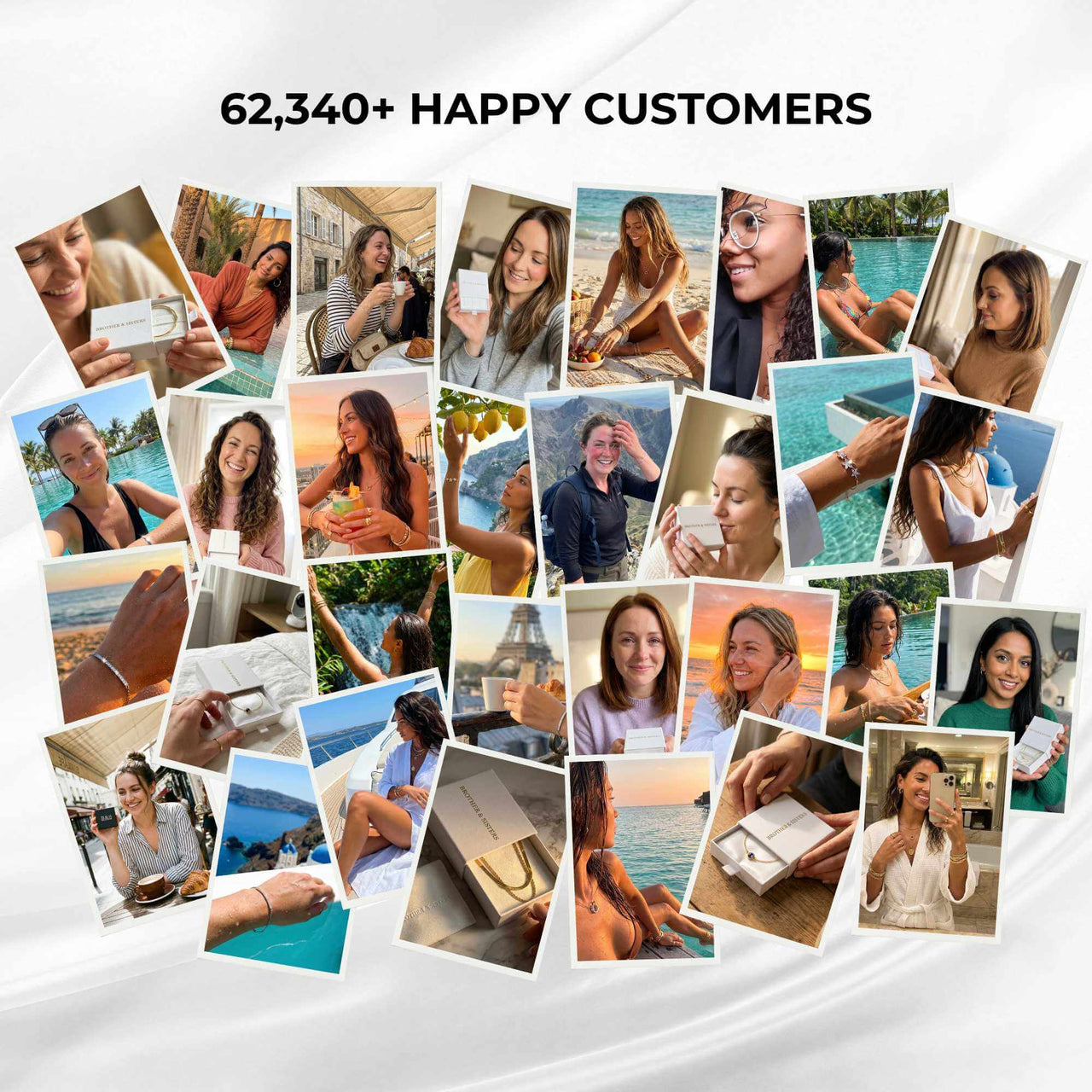 62,340+ real B&S customers — photo collage of women wearing B&S anklets and jewelry on holidays
