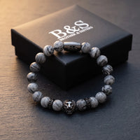 Thumbnail for Black Lion & Grey Stones Bracelet – in the Brother & Sisters gift box | Brother & Sisters | SKU: 20866222-gun-black-XS-14-15, 20866222-gun-black-S-16-17, 20866222-gun-black-M-18-19, 20866222-gun-black-L-20-21, 20866222-gun-black-XL-22-23