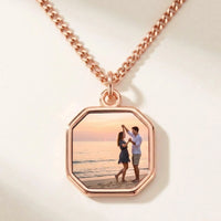 Thumbnail for Secret Octagon Photo Necklace in rose gold, black octagon pendant turning into a hidden photo when warmed | SKU: TPH-OCTN-ROSEGOLD