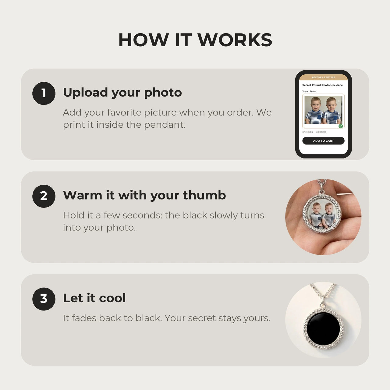How it works: upload your photo, warm the pendant with your thumb, let it cool back to black | SKU: TPH-RNDN-SILVER