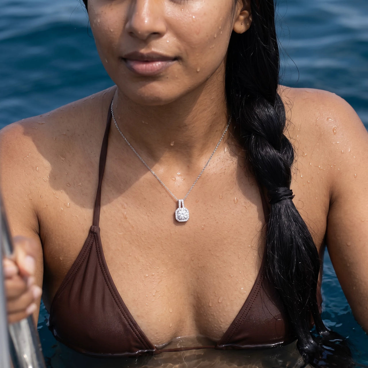 Square pendant necklace — worn in the water, waterproof, silver | SKU: 505762
