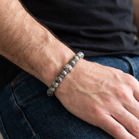 Thumbnail for White Gold Lion & Grey Stones Bracelet – close-up worn on a man's wrist | Brother & Sisters | SKU: 20866222-silver-XS-14-15, 20866222-silver-S-16-17, 20866222-silver-M-18-19, 20866222-silver-L-20-21, 20866222-silver-XL-22-23